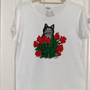 Vintage Kliban Cat in the Roses Design Short Sleeve Tee